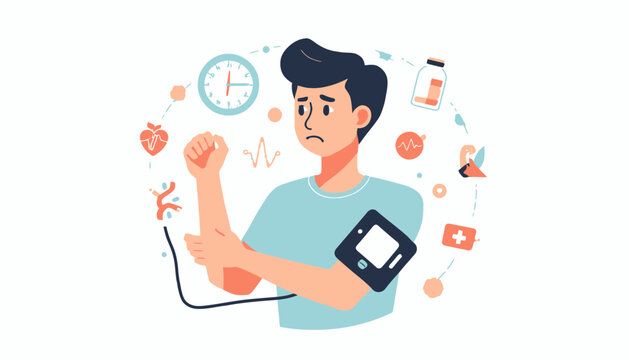 Anxious man monitoring his arterial tension with a blood pressure cuff.