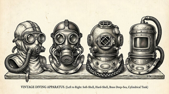 Vintage diving apparatus collection featuring various historical deep sea helmets and breathing masks on a wooden shelf