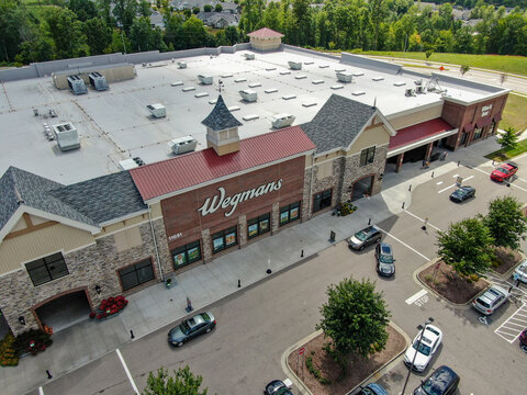 Aerial Exterior View Of Wegmans Supermarket Store And Parking Lot