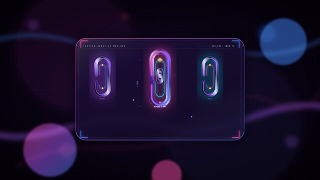 Futuristic sci fi hud interface with glowing neon buttons and holographic displays