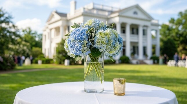 Blue hydrangeas in a tall glass vase on a white wedding table at an elegant venue.