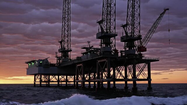 Offshore oil rig at sunset, industrial machinery visible, oil extraction platform in the ocean, energy production at sea during sunset. Offshore oil drilling rig silhouetted against sunset,