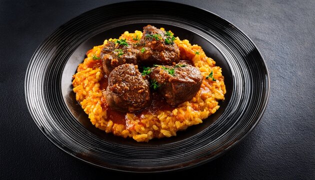 a black plate of osso buco featuring tender braised veal shanks in a rich tomato sauce garnished with gremolata and served with saffron risotto on a black table