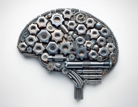 nuts and bolts in the shape of the brain on a white background unique idea conceptions