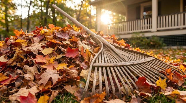 Autumn leaves are raked into a pile on a lawn in front of a charming residential home during a sunny fall day