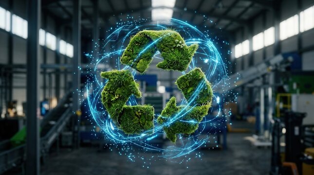 Circular resource loop system concept turning waste into value in a recycling center.