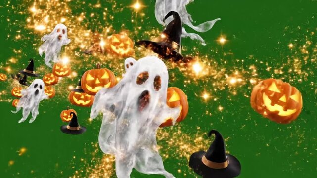 Swirling ghosts & hovering jack-o-lanterns backdrop 4k green screen for halloween.