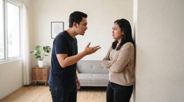 Angry young couple having a serious argument at home in the living room.