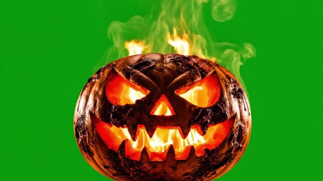 Rotting jack-o-lantern with hellfire flames scary 4k green screen for halloween.