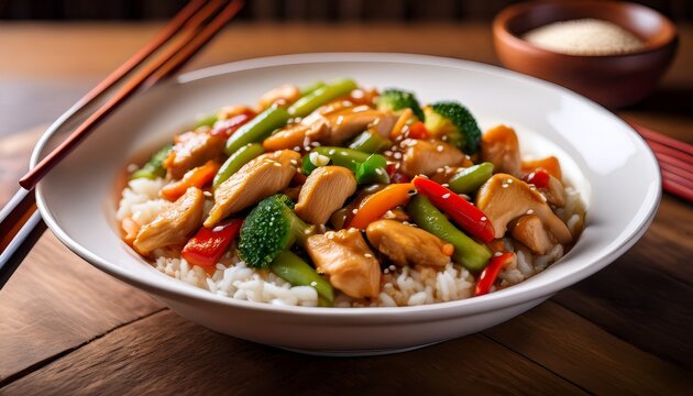 white ceramic bowl filled with chop suey featuring chicken vegetables and rice placed on a wooden table with natural light illuminating the scene