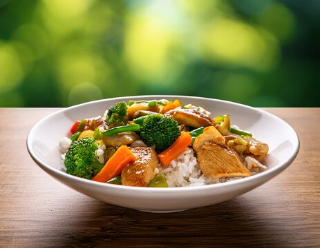 white ceramic bowl filled with chop suey featuring chicken vegetables and rice on a wooden table with a blurred background of greenery