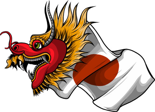 A dragon with a red face is flying a flag
