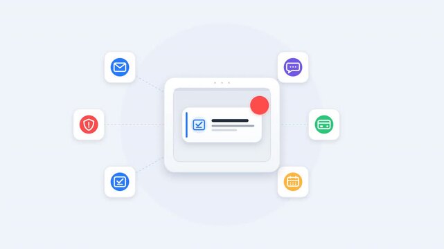 Premium animated business notification system showing multiple communication and workflow alerts cycling through a centralized automated notification hub. Useful for SaaS, CRM, workflow automation, en