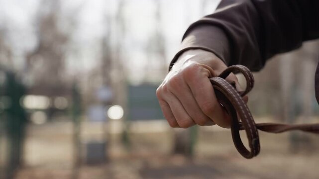 Person holds and manipulates coiled brown leather strap likely for animal or equipment. hand moves looped material with fingers visible in close up shots. Background is softly blurred