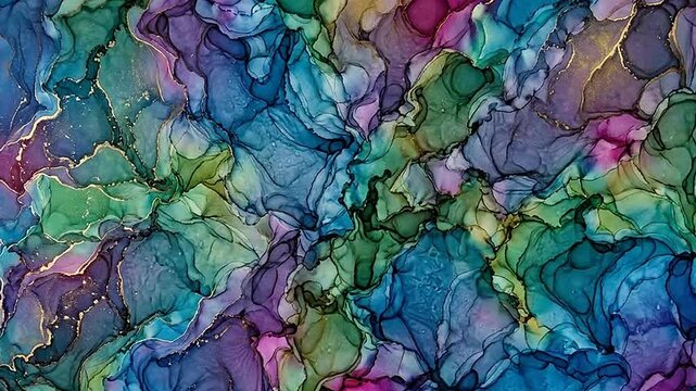 Colorful fluid art background with abstract alcohol ink waves and gold foil