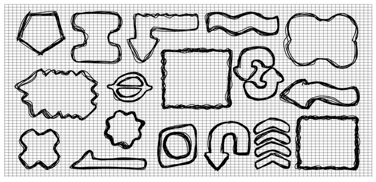 Different shapes are sketched on grid paper. The designs include hexagons, arrows, wavy lines, and other shapes. This image shows a range of outlines for artistic use.