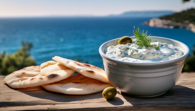 greek tzatziki dip with pita bread and olives by the sea