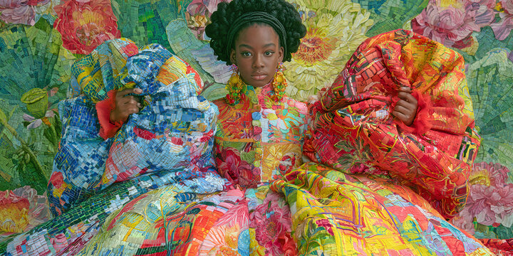 The Pattern That Gathers In Floral Harmony As Three Figures Blend Into A Vivid Tapestry Of Color And Design, ai generated.