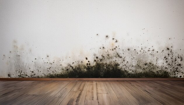 black mold growing on white wall with wooden floor