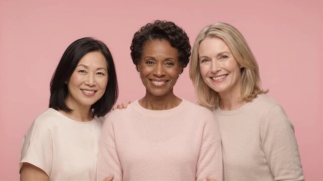 Three diverse middle aged women smiling together against pink background