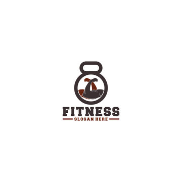 fitness logo design featuring kettlebell and muscular arm icon for gym or bodybuilding branding