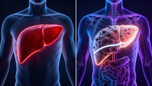 Comparison of healthy liver and cirrhotic liver with nodular surface and fibrotic bands in dark cinematic medical visualization