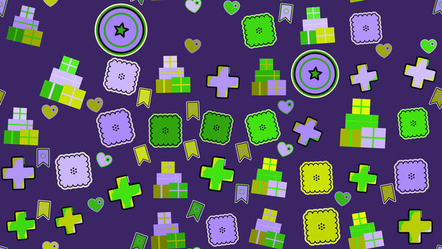 Flat graphic pattern of gift boxes, plus signs, and hearts