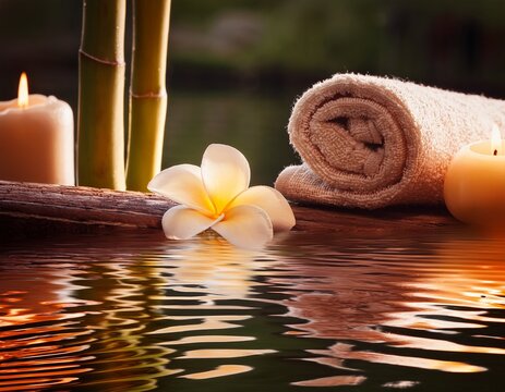 serene spa ambiance with floating flower and candlelight