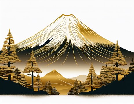mount fuji rises in elegant golden line art above stylized pine trees on a clean white background
