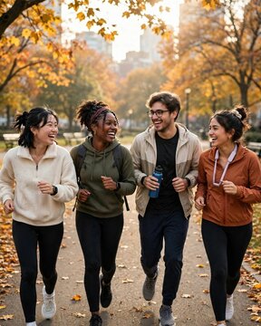 Vertical Candid lifestyle activewear photography of diverse millennial friends jogging and laughing together in an autumn city park with golden light, representing social health and community wellness
