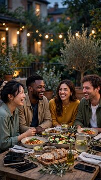 Vertical Authentic cinematic lifestyle photo of diverse friends laughing at an evening al fresco dinner party in a string-lit backyard, celebrating summer friendship and community.