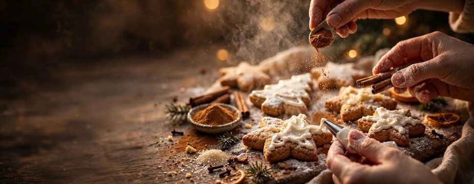 Warm and moody lifestyle food photography of hands decorating spiced gingerbread cookies with white icing and sprinkling cinnamon on a rustic wooden board for a Christmas holiday baking tradition.