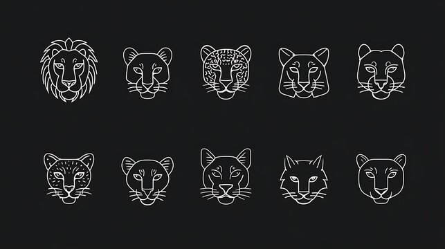 Minimalist big cat line icons. Set of 10 wild feline head logos. Modern animal graphics.