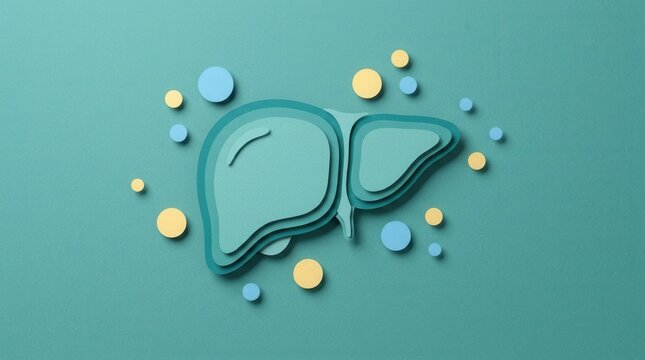Paper-cut liver illustration surrounded by colorful circles on a teal background.