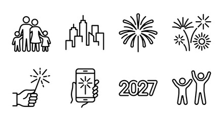 Fototapeta premium New Year 2027 Celebration Icons: Family, Cityscape, Fireworks, Sparklers, Mobile App