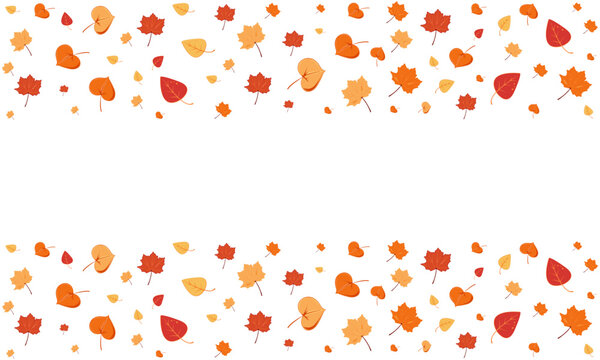 Autumn leaves horizontal banner with top and bottom border, white background and copy space. Vector illustration. Website header, fall background, social media cover, greeting card, sale banner.
