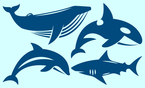 Marine wildlife vector collection featuring blue silhouettes of ocean animals including whale shark and dolphin.