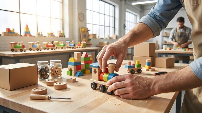 Craftsman Hands Assembling Wooden Toy Train in Bright Workshop with Sustainable Materials