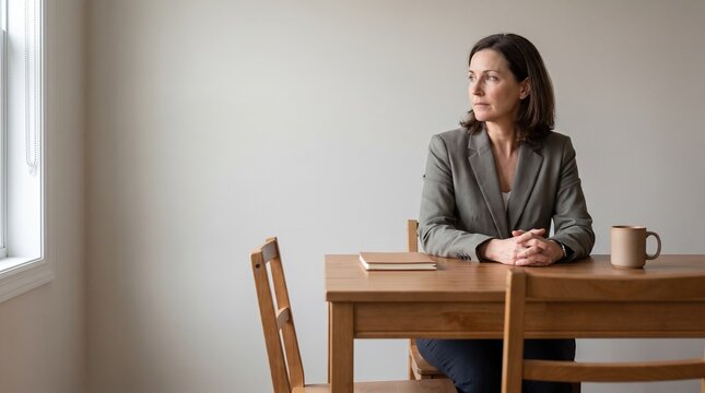 Thoughtful woman seated at a wooden desk in a quiet office with copy space