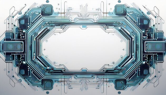 futuristic digital circuit board frame with intricate lines and nodes creating a technological border on a white background