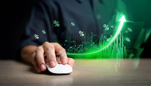 hand computer mouse statistical growth positive variance percentage technology business finance data analysis digital interface close up of hand using computer mouse with floating green