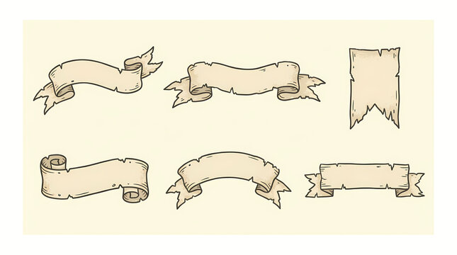 Hand drawn vintage banners and paper scrolls collection in retro style with aged parchment texture
