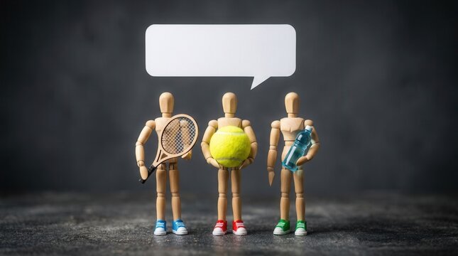 Three wooden figures with tennis gear including a racket and ball.