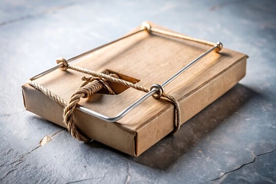 Brown cardboard box secured with a metal trap mechanism and thick rustic rope image