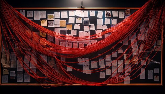 mysterious investigation board intriguing crime scene clues with suspenseful red strings and mysterious evidence