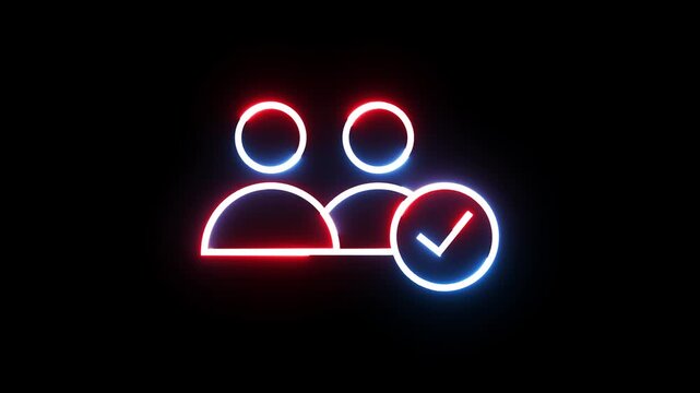 Two people users icon with check mark pulsing red and blue neon glow on black background.