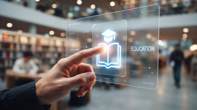 Digital education interface with glowing book icon. Futuristic e-learning technology in library. Online study and virtual training concept.