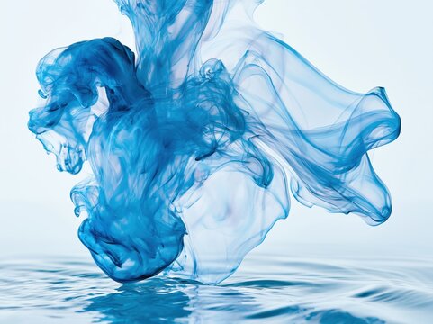 Dynamic blue ink spreading in clear water with ripples