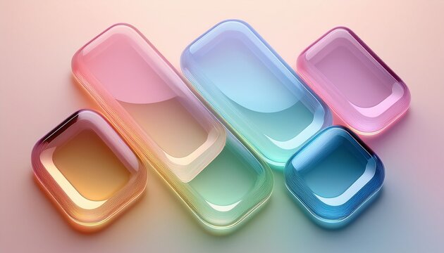 four translucent rounded square shapes in pastel colors arranged in a descending diagonal line