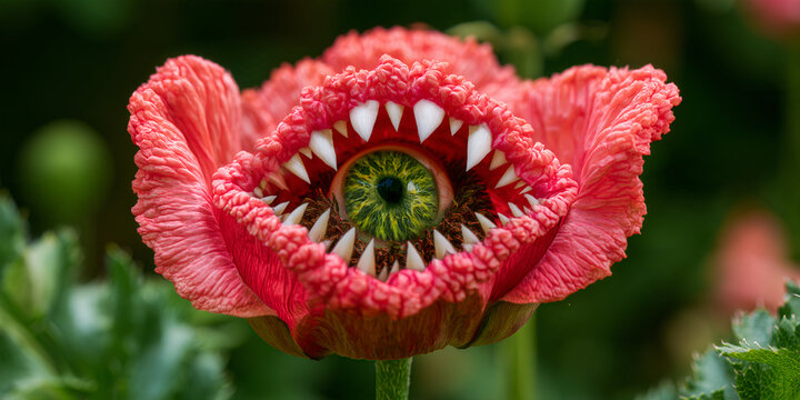 The Bloom That Snarls In Surreal Nature As Petals Twist Into Eyes And Teeth Beneath A Creature‑Like Face, ai generated.